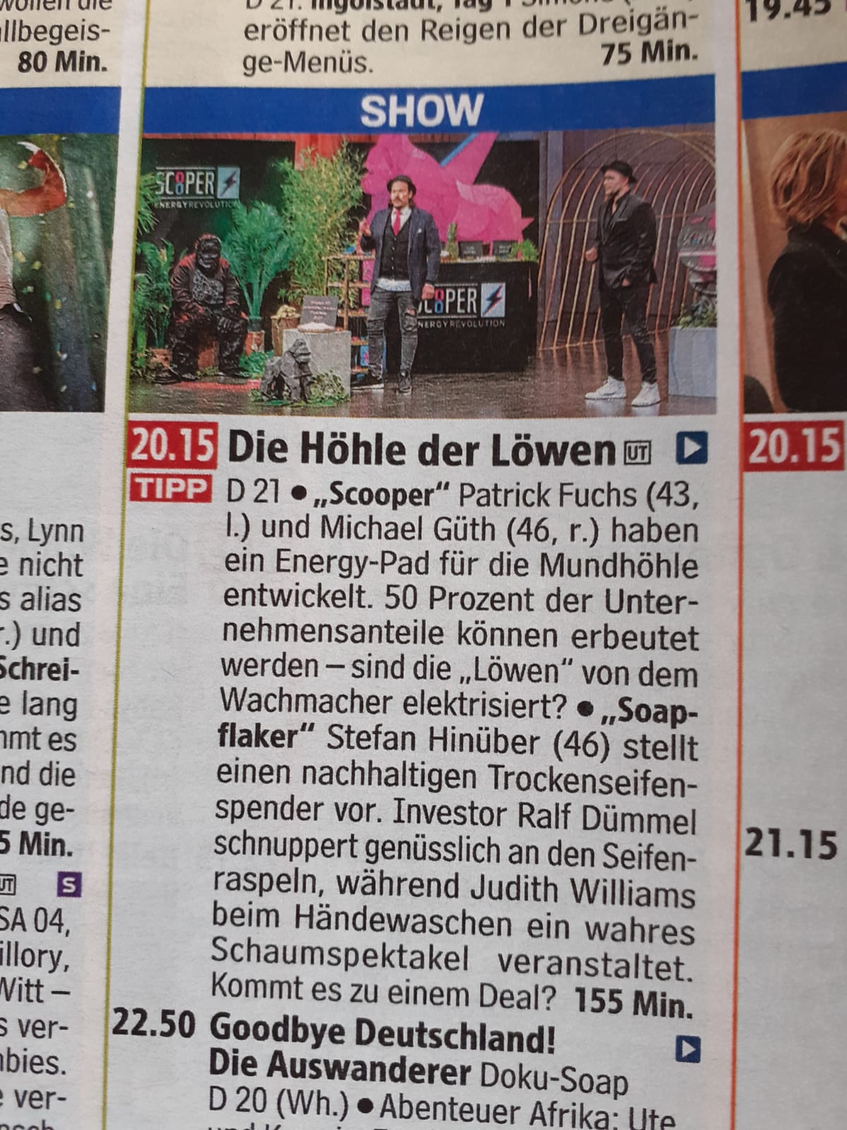 Zeitungsauschnitt mit den Ausstrahlungstermin von Die Höhle der Löwen mit Scooper