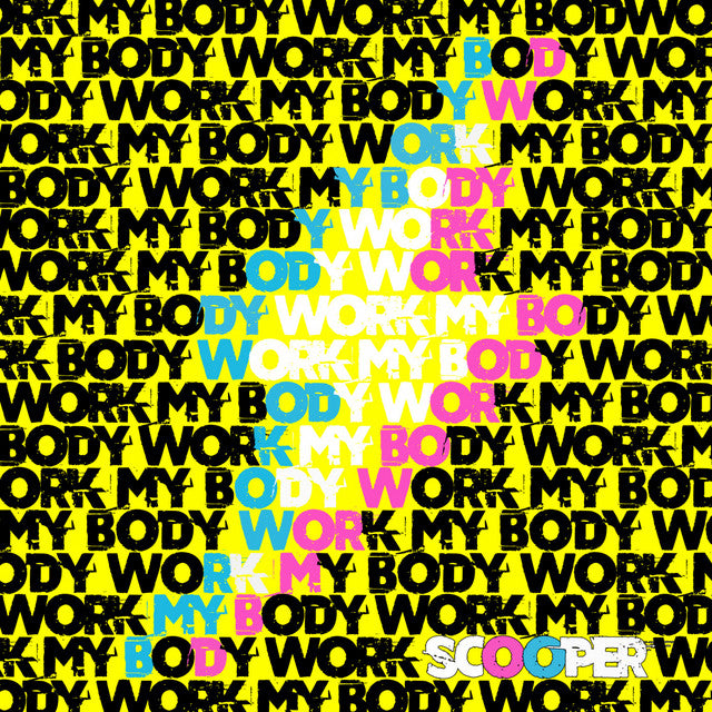 Albumcover des Scooper Songs Work My Body. Die drei Wörter bilden den Scooperblitz.