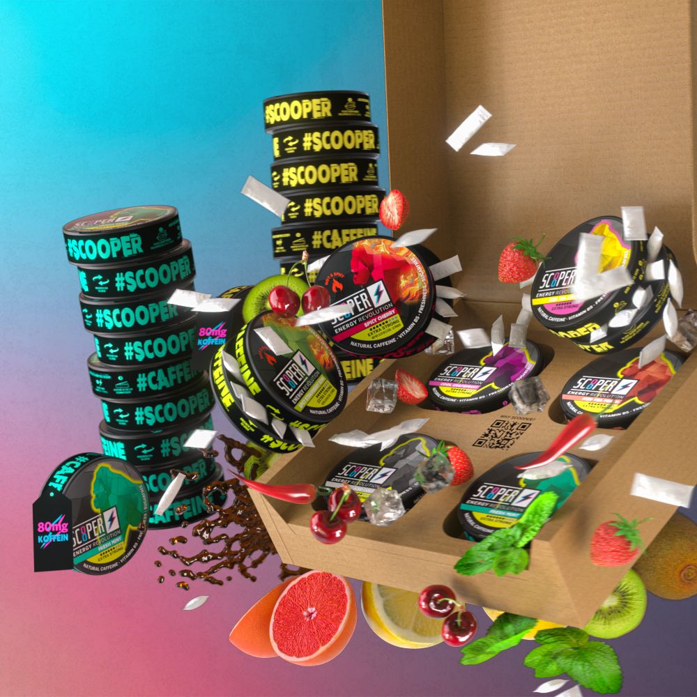 SCOOPER Energy Pouches Probierbox mit allen 7 Sorten, also Fresh Mint, Iced Cola, Cool Grapefruit, Iced Tea Lemon, Iced Tea Peach, Spicy Cherry und Spicy Strawberry-Kiwi.