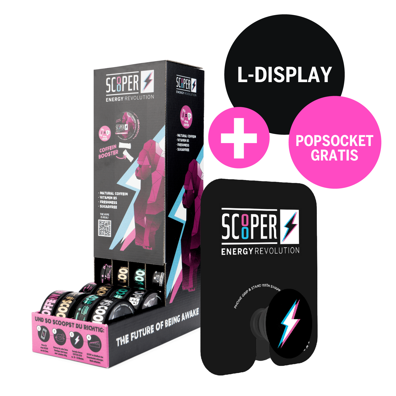SCOOPER Energy Display in L-Form miz 4 Sorten und einem Popsocket mit SCOOPER Blitz gratis.