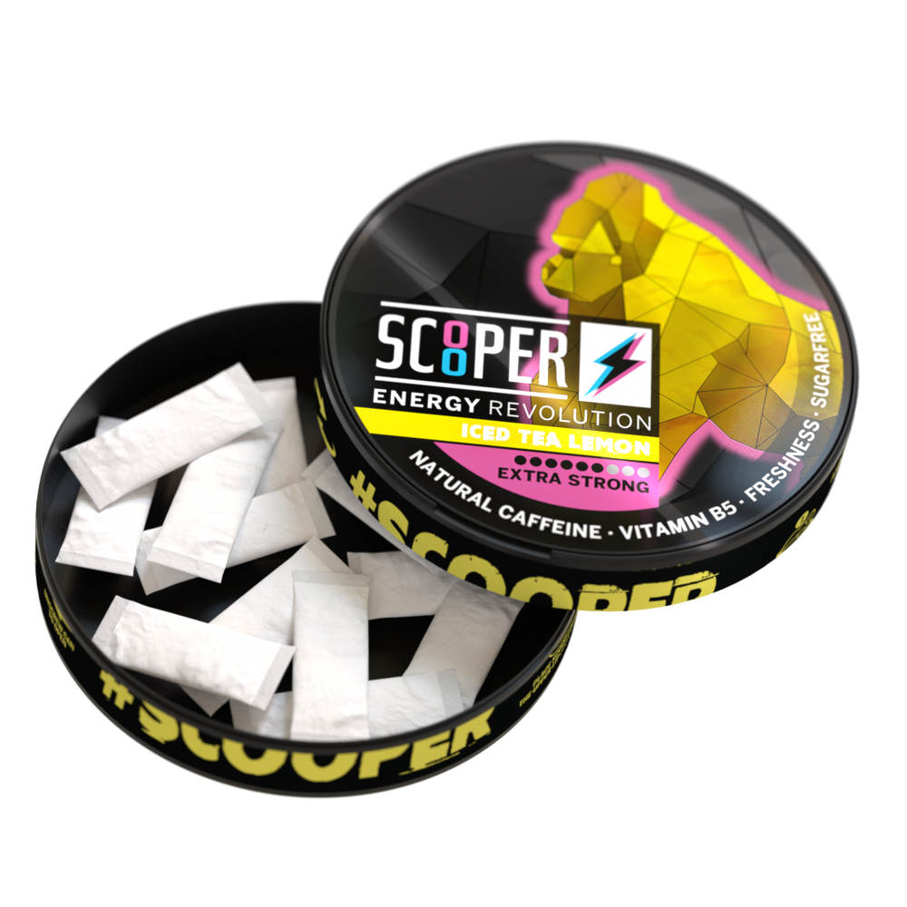 SCOOPER Energy Dose Iced Tea Lemon offen mit 12 Energy Pouches.