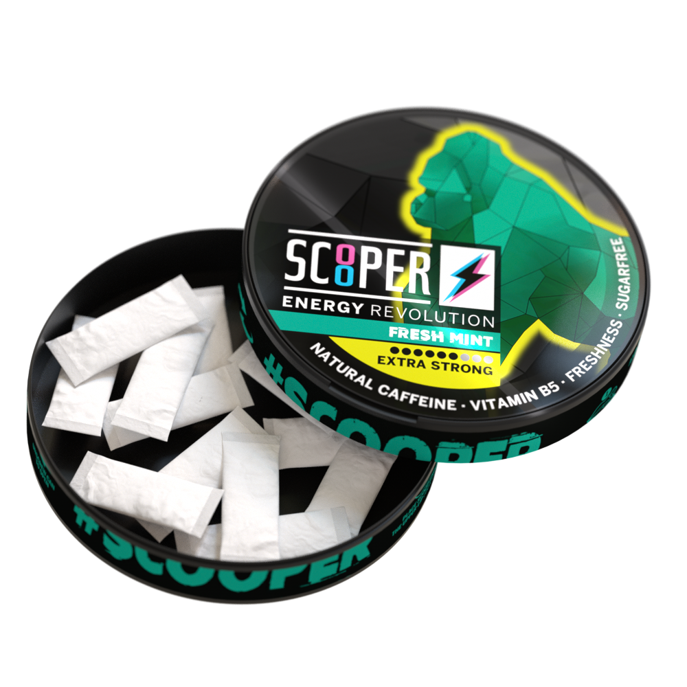SCOOPER Energy Fresh Mint Dose, geöffnet mit 12 sichtbaren Energy Pouches. Auf der Dose ist ein Gorilla in grüner Farbe abgebildet.