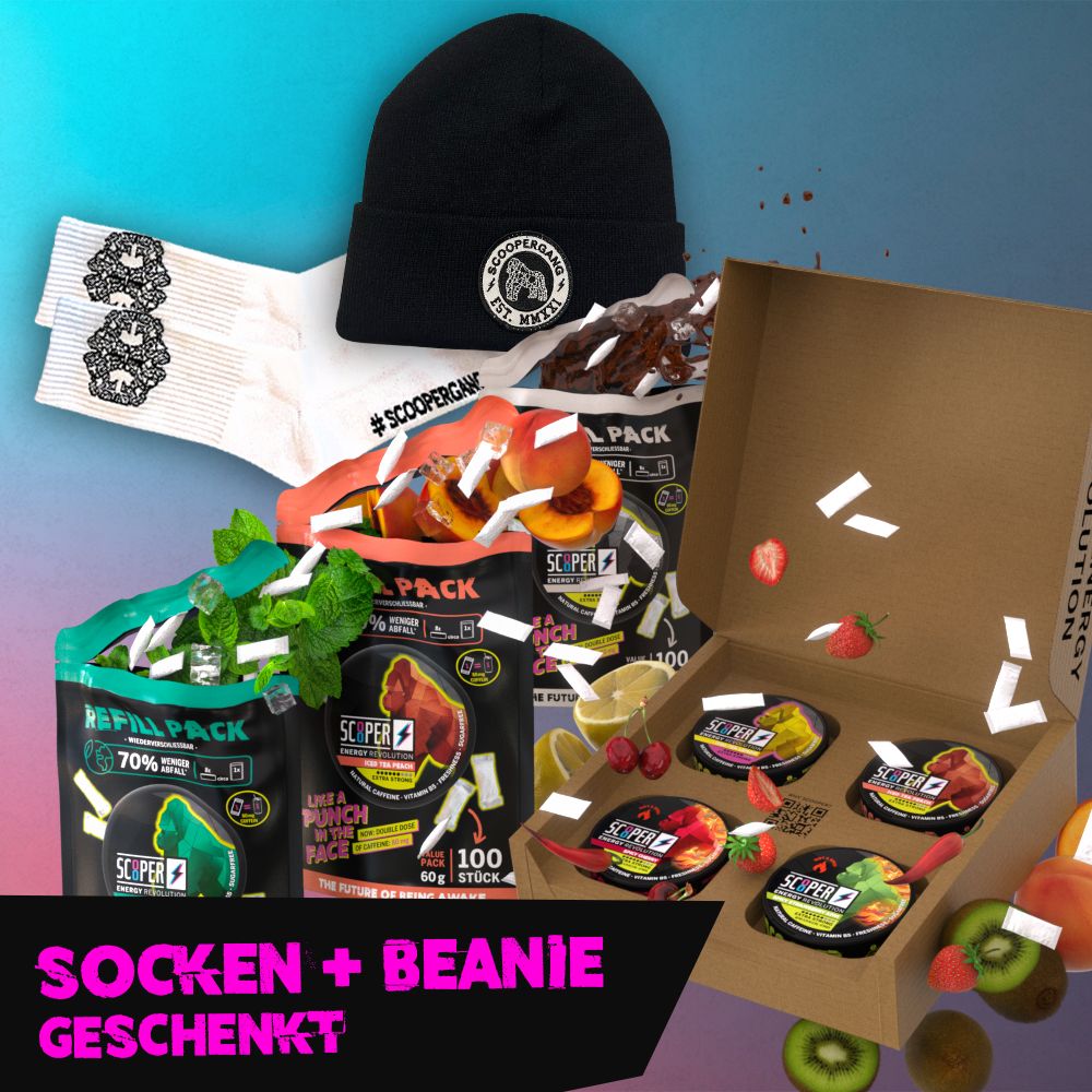 SCOOPER Energy 3 Refill Packs, eine Sweet & Spicy Big Box mit jeweils 2 Dosen Peach, Lemon, SPicy Cherry und Spicy Strawberry Kiwi + Socken und Beanie geschenkt.