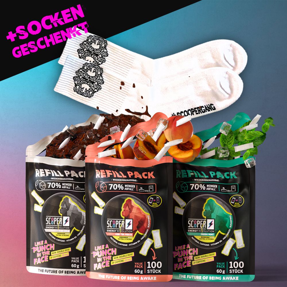 3 SCOOPER Energy Refill Packs in den Sorten Fresh Mint, Iced Cola und Iced Tea Peach und gratis SCOOPERGANG Socken.