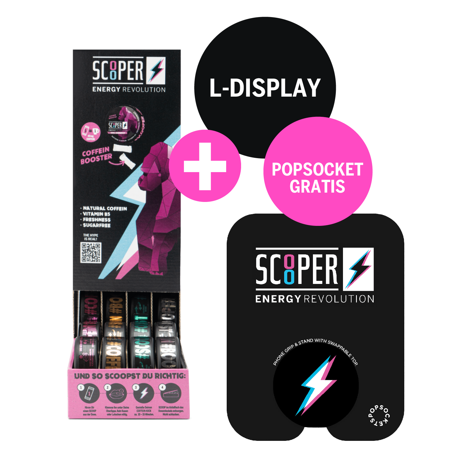 SCOOPER Energy Display in L-Form miz 4 Sorten und einem Popsocket mit SCOOPER Blitz gratis.