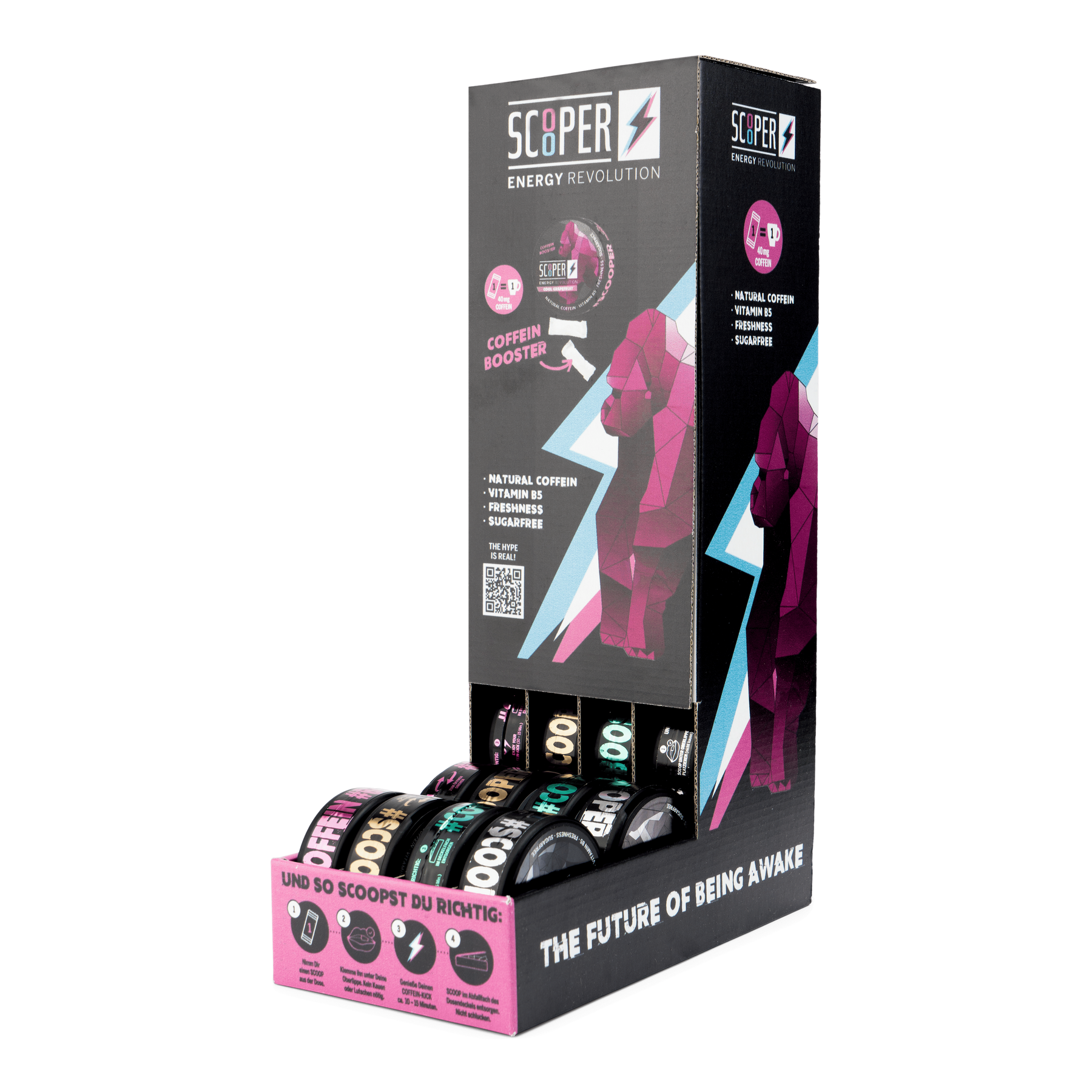 SCOOPER Energy L Display in der seitlichen Ansicht mit 4 Sorten.