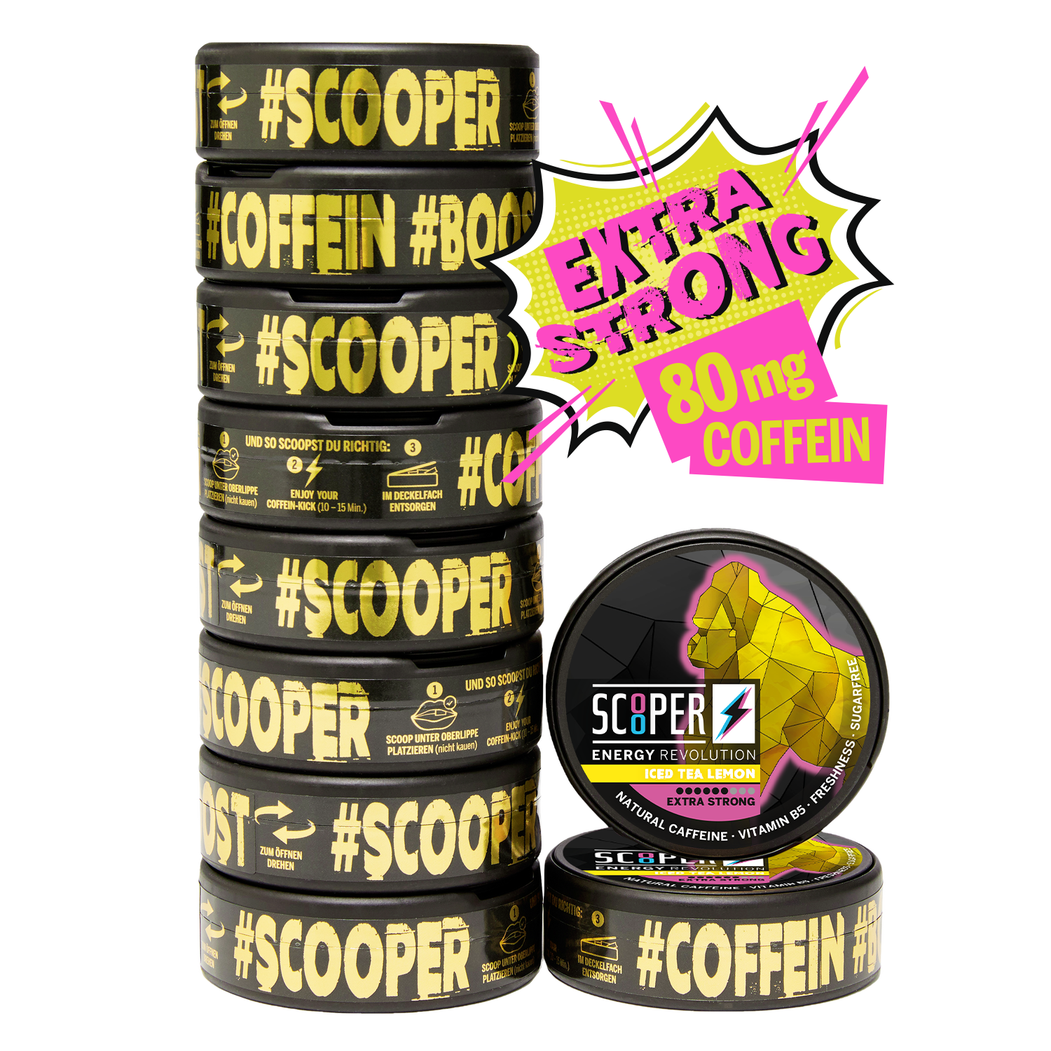10 Dosen SCOOPER Energy Iced Tea Lemon Energy Pouches in Extra Strong mit 80mg Koffein.