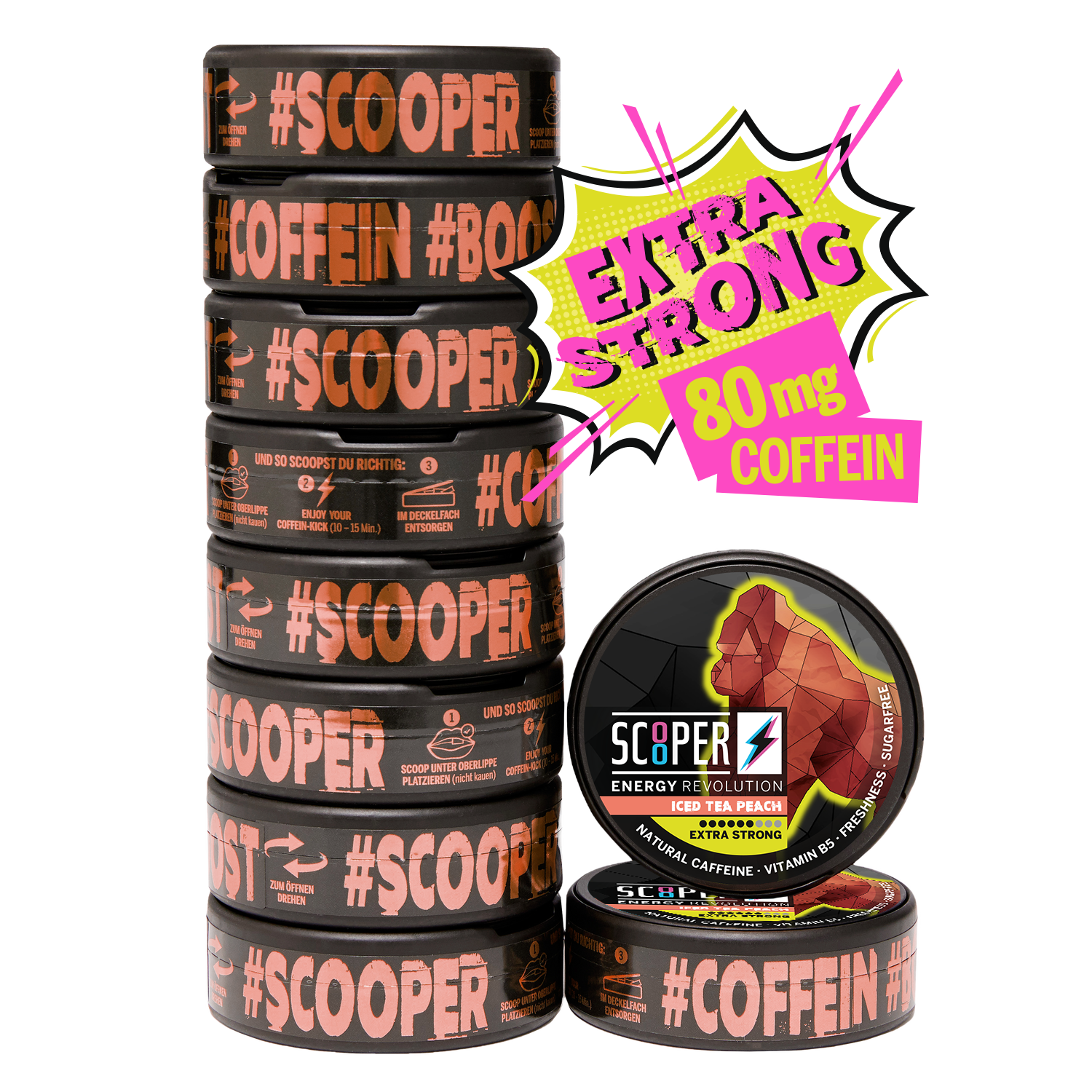 10 Dosen SCOOPER Energy Iced Tea Peach Energy Pouches in Extra Strong mit 80mg Koffein.