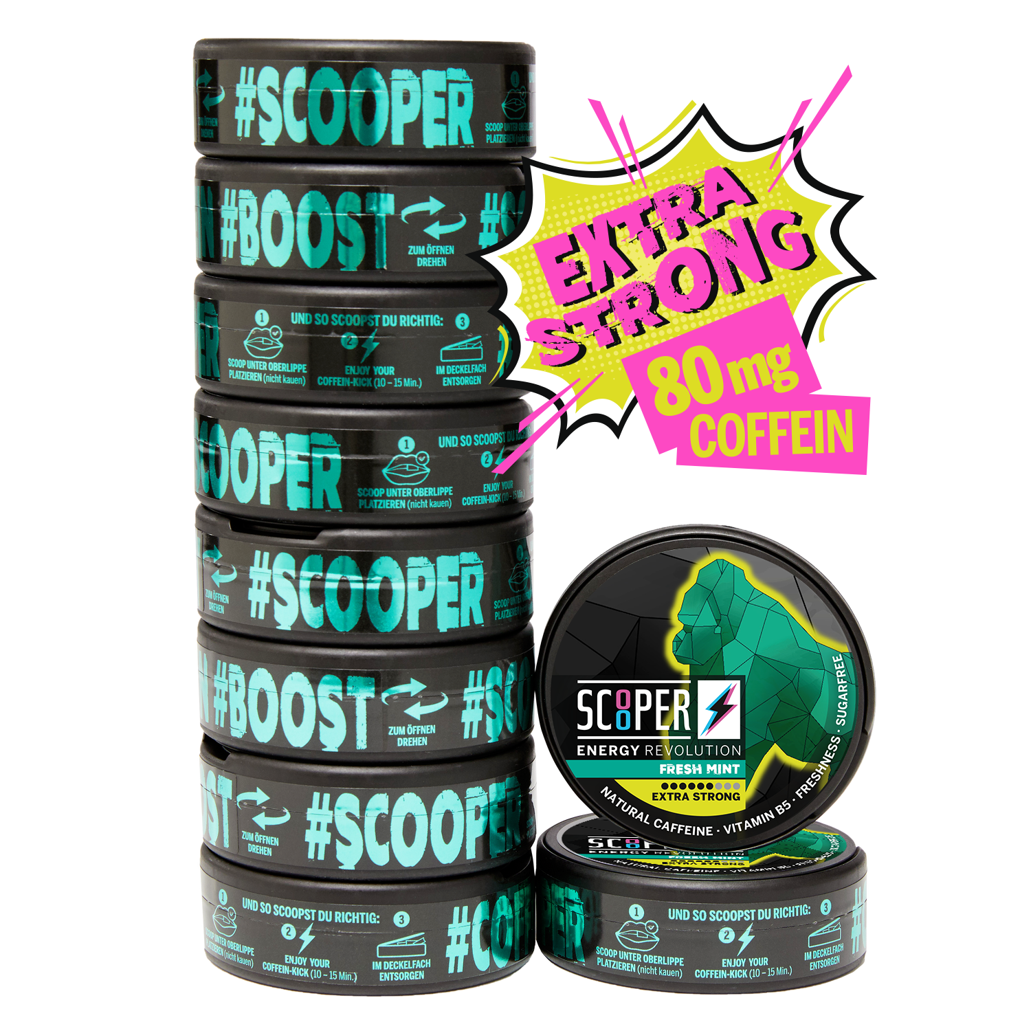 10 Dosen SCOOPER Energy Fresh Minr Energy Pouches in Extra Strong mit 80mg Koffein.