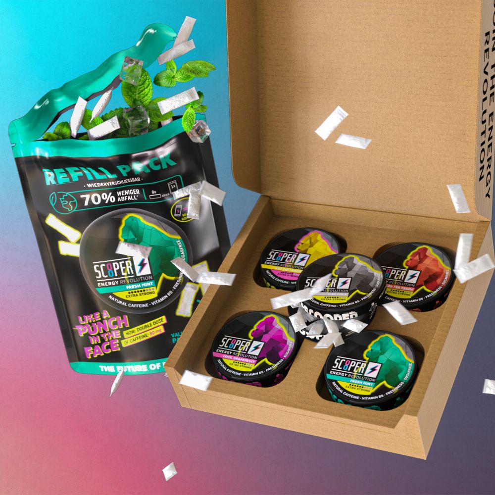SCOOPER Energy All in One Box mit einem Refill Pack mit Energy Pouches.