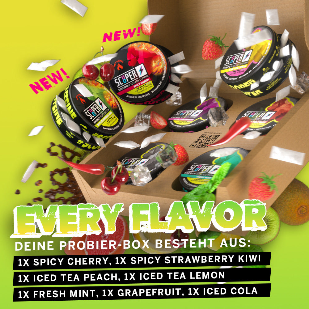 SCOOPER Energy Pouches Probierbox mit allen 7 Sorten (Every Flavor), also Fresh Mint, Iced Cola, Cool Grapefruit, Iced Tea Lemon, Iced Tea Peach, Spicy Cherry und Spicy Strawberry-Kiwi.