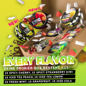 SCOOPER Energy Pouches Probierbox mit allen 7 Sorten (Every Flavor), also Fresh Mint, Iced Cola, Cool Grapefruit, Iced Tea Lemon, Iced Tea Peach, Spicy Cherry und Spicy Strawberry-Kiwi.