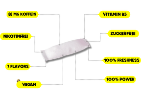 Mittig Scooper Energy Pouch umringt von seinen Eigenschaften - 80mg Koffein, Vitamin b5, Nikotinfrei, zuckerfrei, vegan
