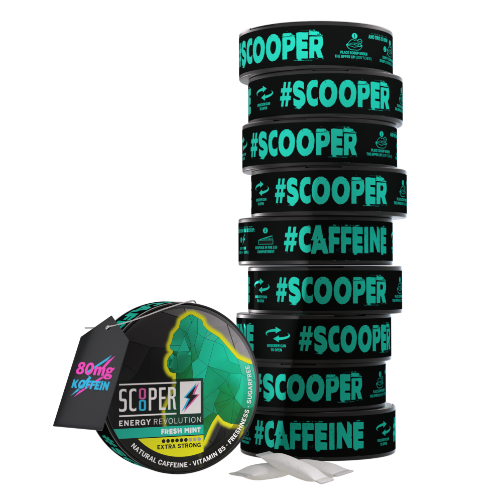 SCOOPER Energy Fresh Mint 4 Dosen mit 2 Pouches und einem 80mg Koffein Anhänger.