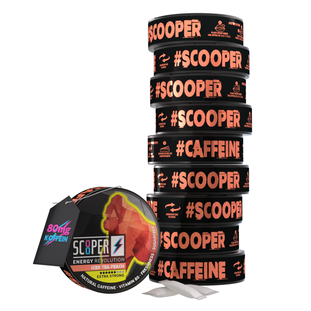 SCOOPER Energy 10er Stapel Iced Tea Peach mit Energy Pouches und 80mg Koffein Anhänger.