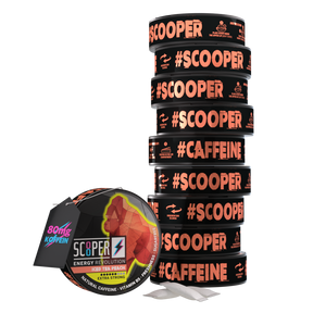 SCOOPER Energy 10er Stapel Iced Tea Peach mit Energy Pouches und 80mg Koffein Anhänger.