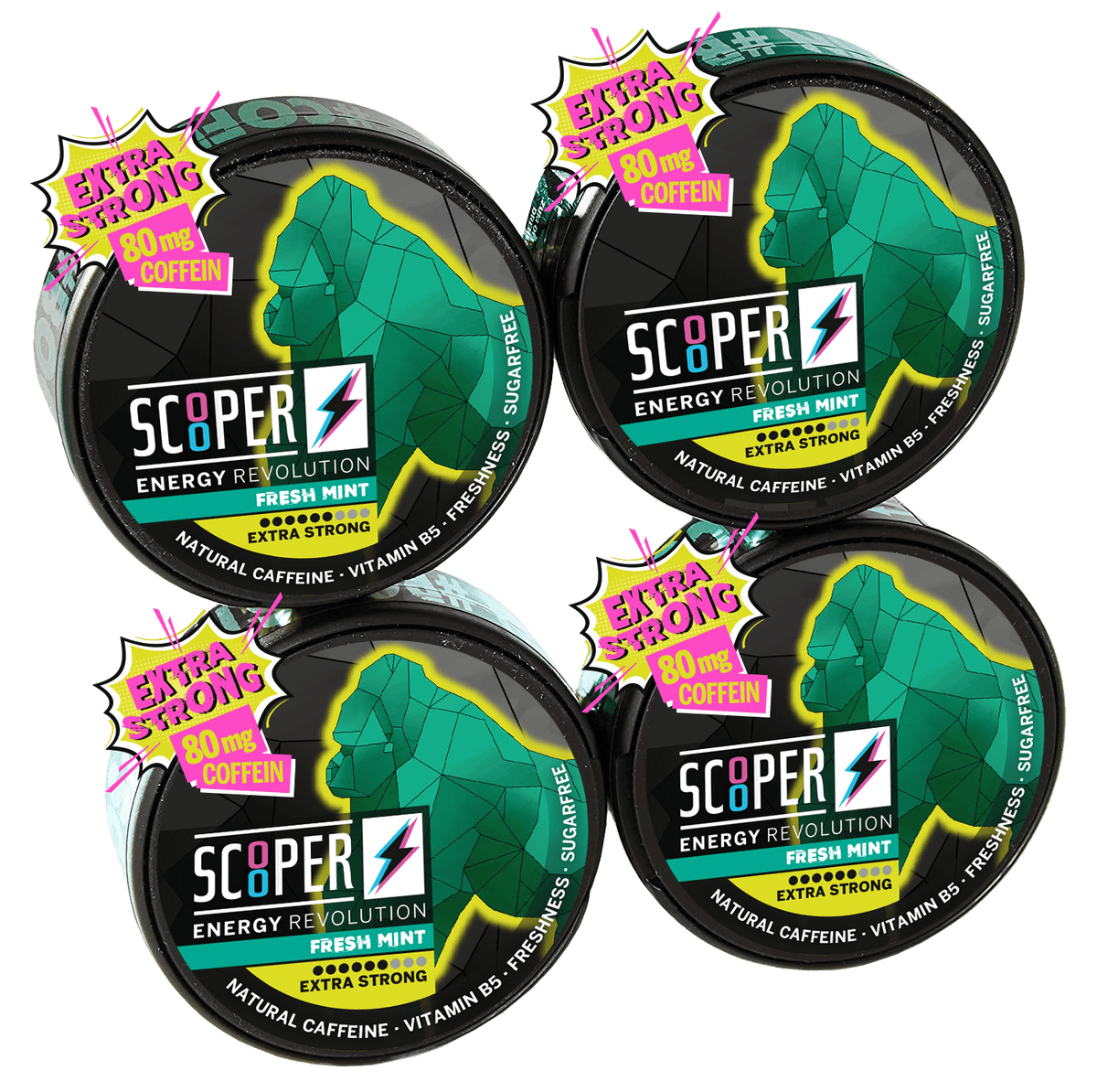 SCOOPER Energy 4 Dosen Fresh Mint Extra Strong mit 80mg Koffein.