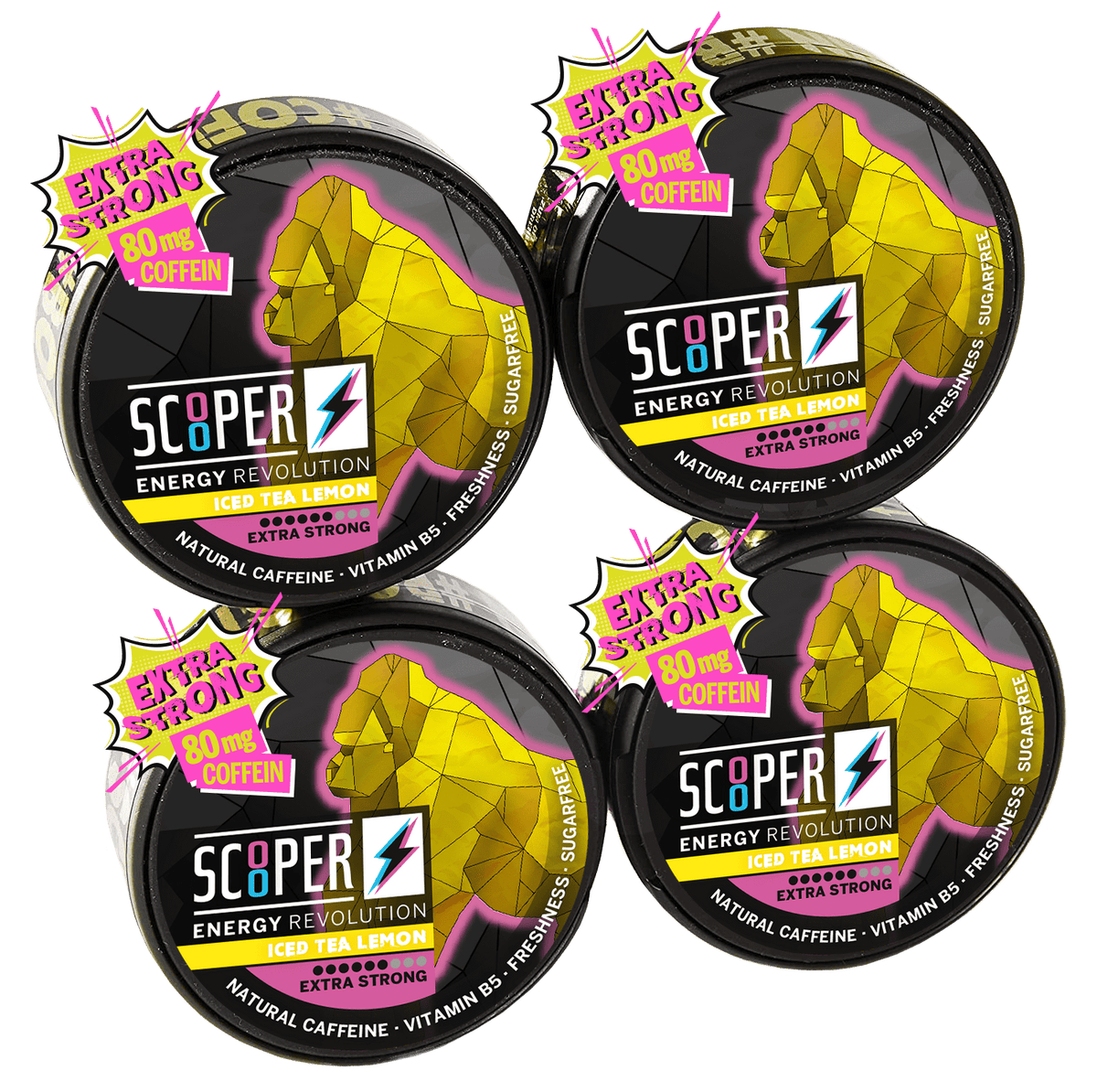 4 Dosen SCOOPER Energy Iced Tea Lemon Extra Strong mit 80mg Koffein.