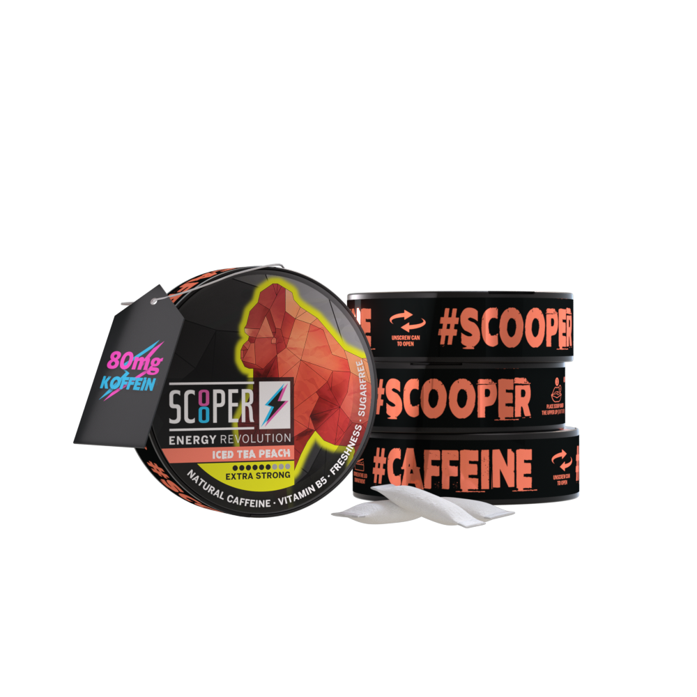 SCOOPER Energy 4 Dosen Iced Tea Peach mit Energy Pouches und 80mg Koffein Anhänger.