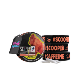 SCOOPER Energy 4 Dosen Iced Tea Peach mit Energy Pouches und 80mg Koffein Anhänger.