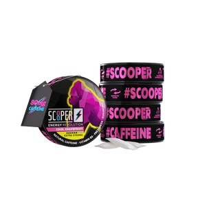 5 Dosen SCOOPER Energy Cool Grapefruit mit einzelnen Energy Pouches und dem Vermerk 80mg Koffein.