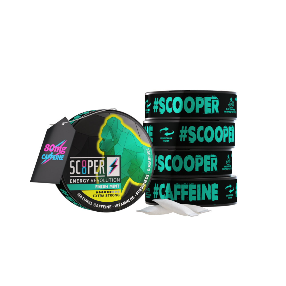 5 Dosen SCOOPER Energy Fresh Mint mit einzelnen Energy Pouches und dem Vermerk 80mg Koffein.