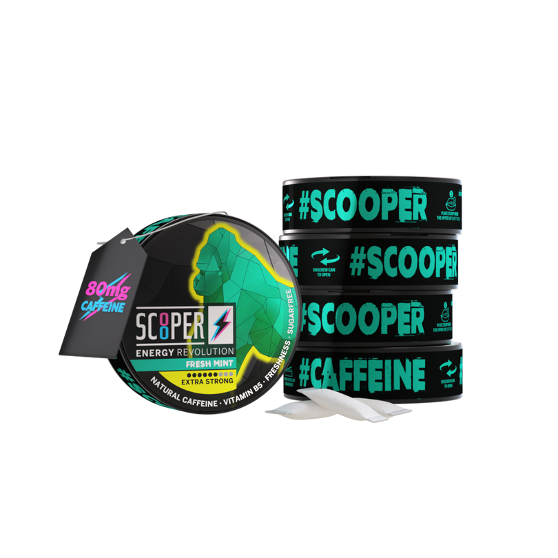 5 Dosen SCOOPER Energy Fresh Mint mit einzelnen Energy Pouches und dem Vermerk 80mg Koffein.