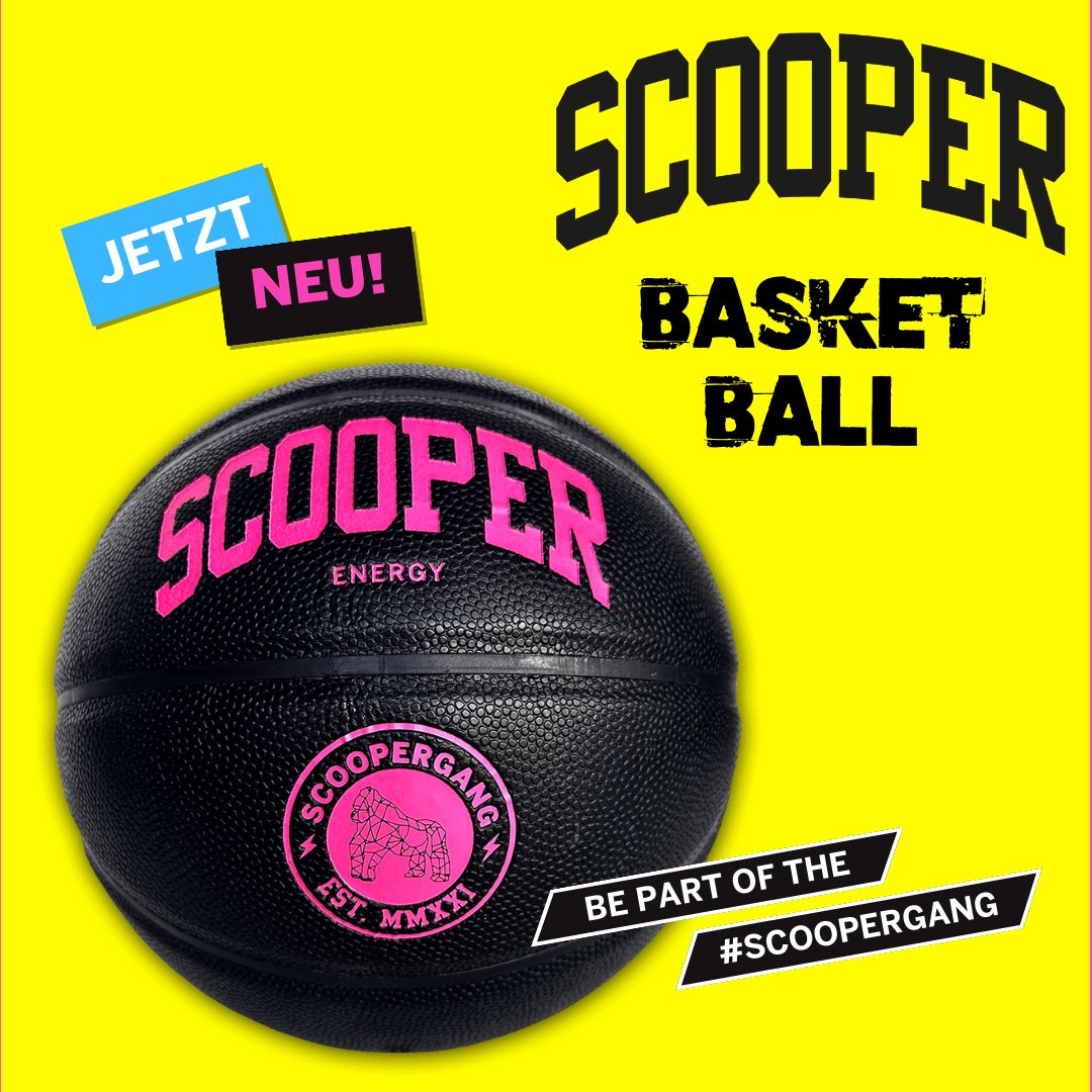 SCOOPER Energy Basketball in schwarz mit pinker Schrift und SCOOPERGANG Logo. Be Part of the #SCOOPERGANG