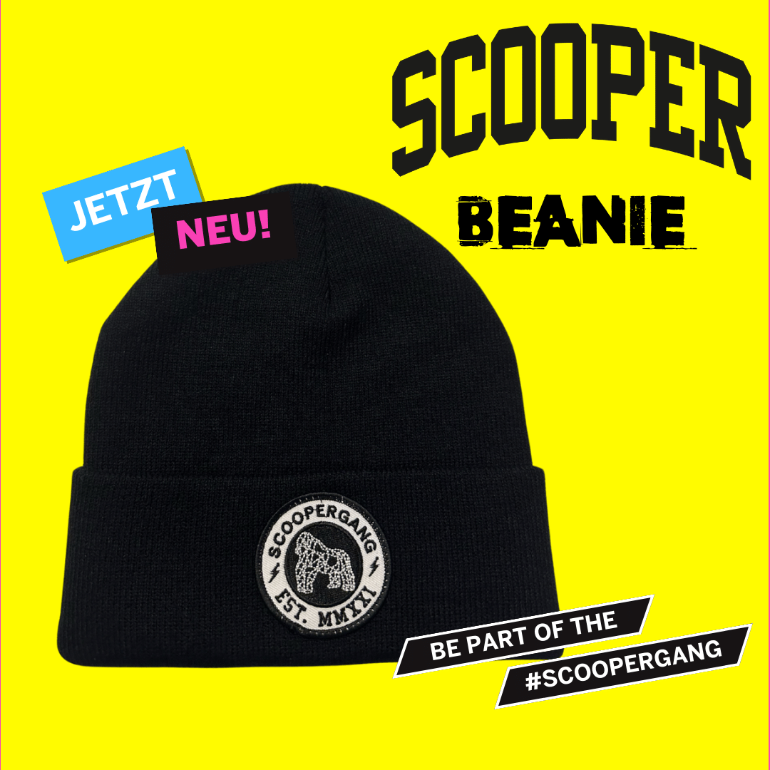 SCOOPER Beanie mit SCOOPERGANG Patch auf der Stirnseite. Be Part of the #SCOOPERGANG