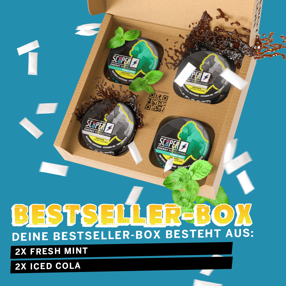 SCOOPER Energy Bestseller Box mit jeweils 2 Dosen Fresh Mint und 2 Dosen Iced Cola. 