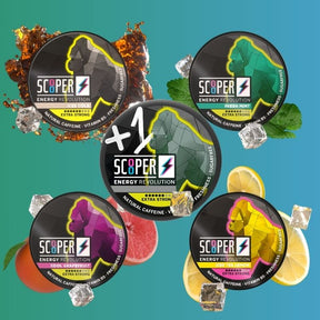 SCOOPER Energy Pouches mit 5 Dosen, die man sich aus den Sorten Iced Cola, Fresh Mint, Cool Grapefruit und Iced Tea Lemon auswählen kann.