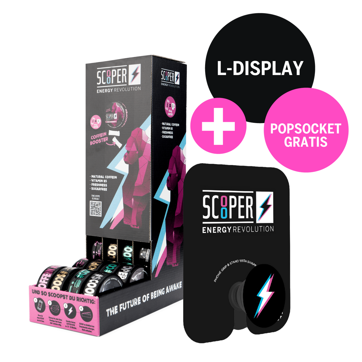 SCOOPER Energy Display in L-Form miz 4 Sorten und einem Popsocket mit SCOOPER Blitz gratis. 