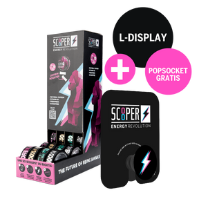 SCOOPER Energy Display in L-Form miz 4 Sorten und einem Popsocket mit SCOOPER Blitz gratis. 
