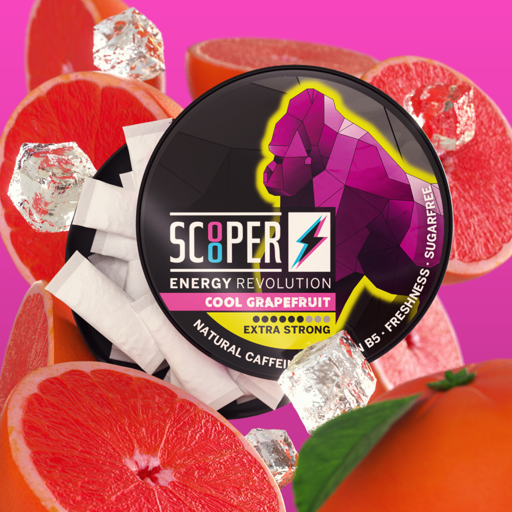 SCOOPER Energy Cool Grapefruit Dose mit einem pinken Gorilla. Im Hintergrund sieht man Grapefruits und Eiswürfel.