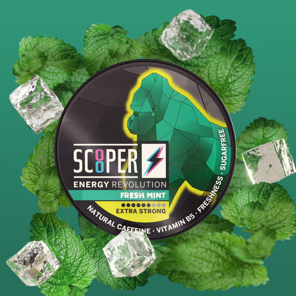 SCOOPER Energy Fresh Mint Dose mit grünem Gorilla. Im Hintergrund sind die Minzblätter und Eiswürfel abgebildet. 