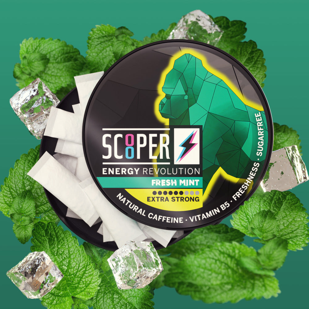 SCOOPER Energy Fresh Mint mit Energy Pouches, Minzblättern und Eiswürfeln.