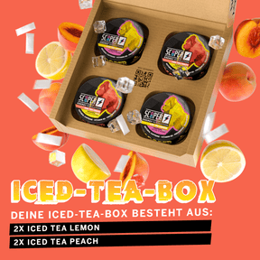 SCOOPER Energy Iced Tea Box mit jeweils 2 Dosen Iced Tea Peach und Iced Tea Lemon mit Zitronen, Pfirsichen, Eiswürfeln und Energy Pouches.