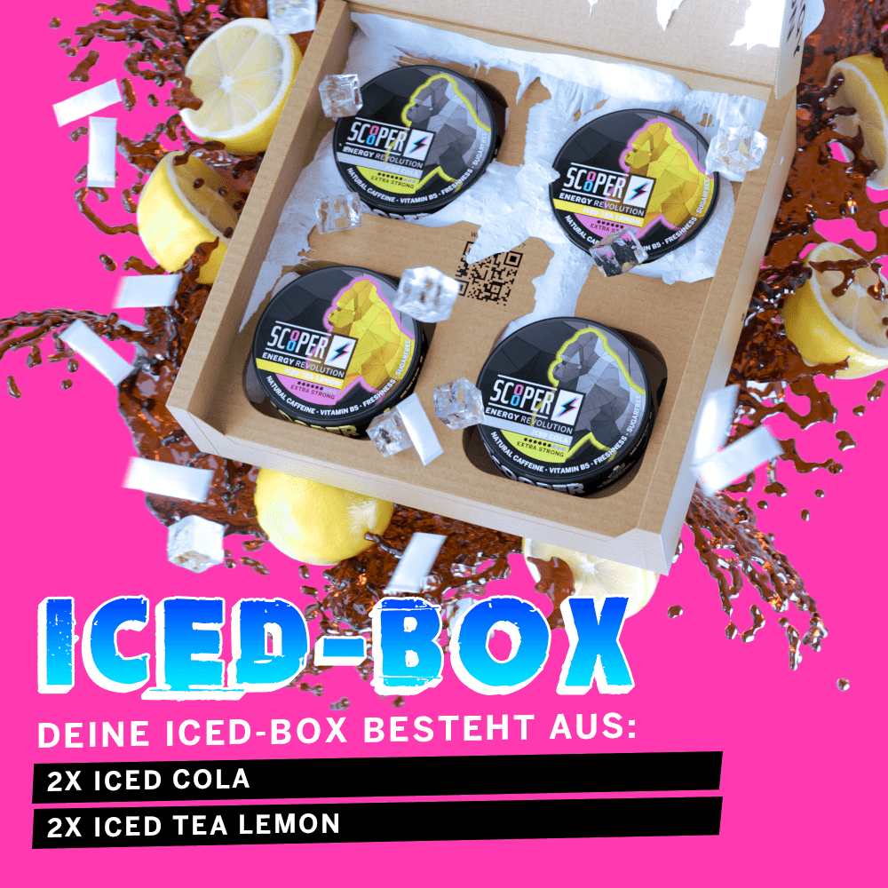 SCOOPER Energy Iced Box Lemon mit jeweils 2 Dosen Iced Cola und 2 Dosen Iced Tea Lemon mit Zitronen, Cola, Eiswürfeln un Energy Pouches.