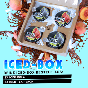 SCOOPER Energy Iced Box Peach mit jeweils 2 Dosen Iced Tea Peach und 2 Dosen Iced Cola. Im Hintergrund sind Pfirsiche, Cola, Eiswürfel und Energy Pouches.