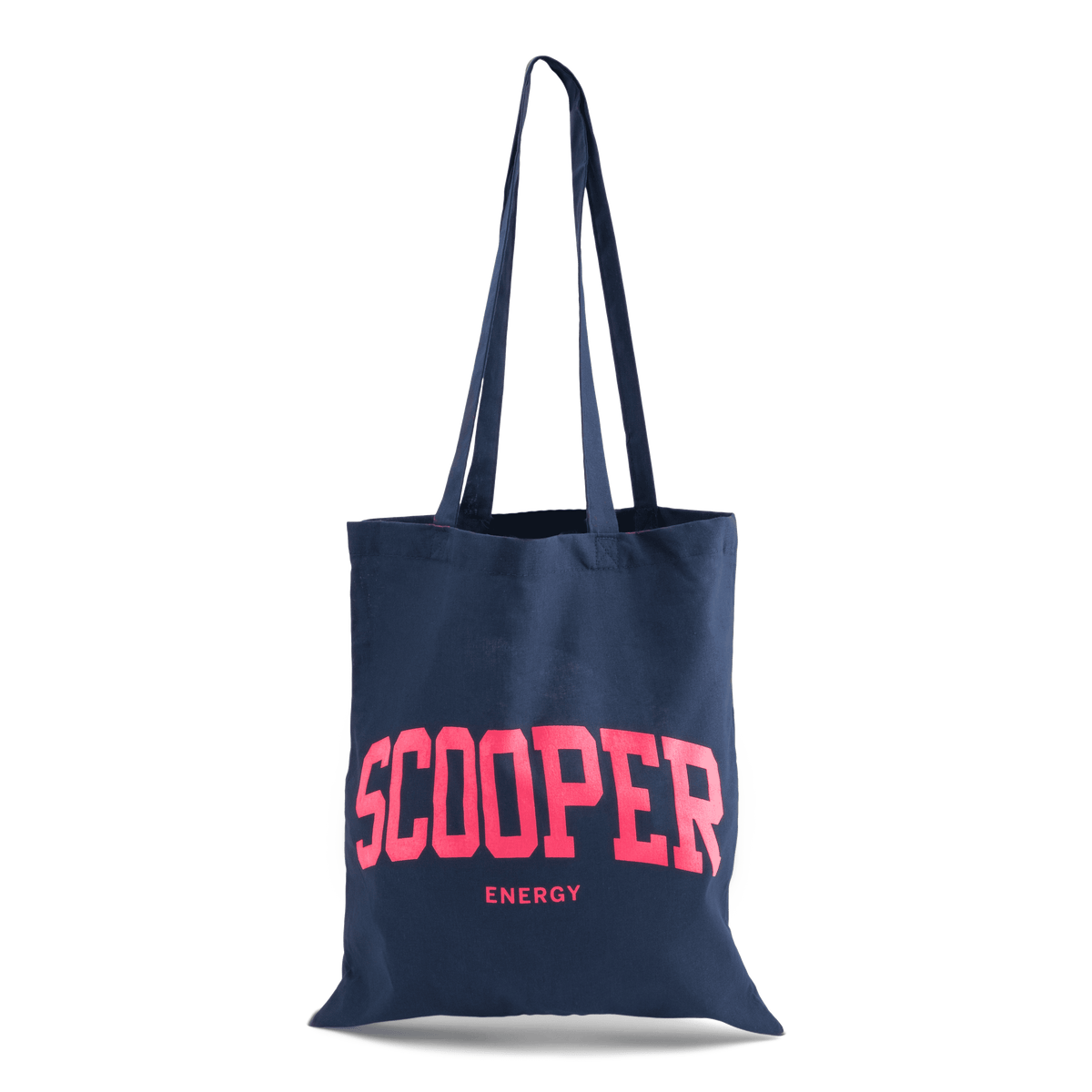 SCOOPER Energy Jutebeutel in blau mit pinker Schrift.