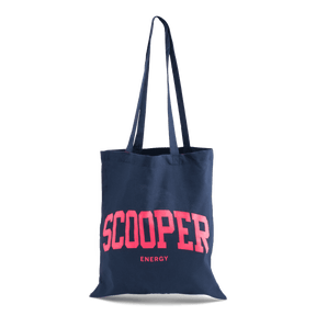 SCOOPER Energy Jutebeutel in blau mit pinker Schrift.