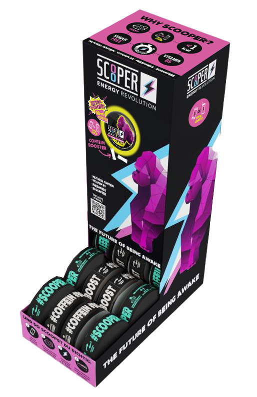 SCOOPER Energy Display in L Form mit den Sorten Iced Cola Extra Strong und Fresh Mint Extra Strong.