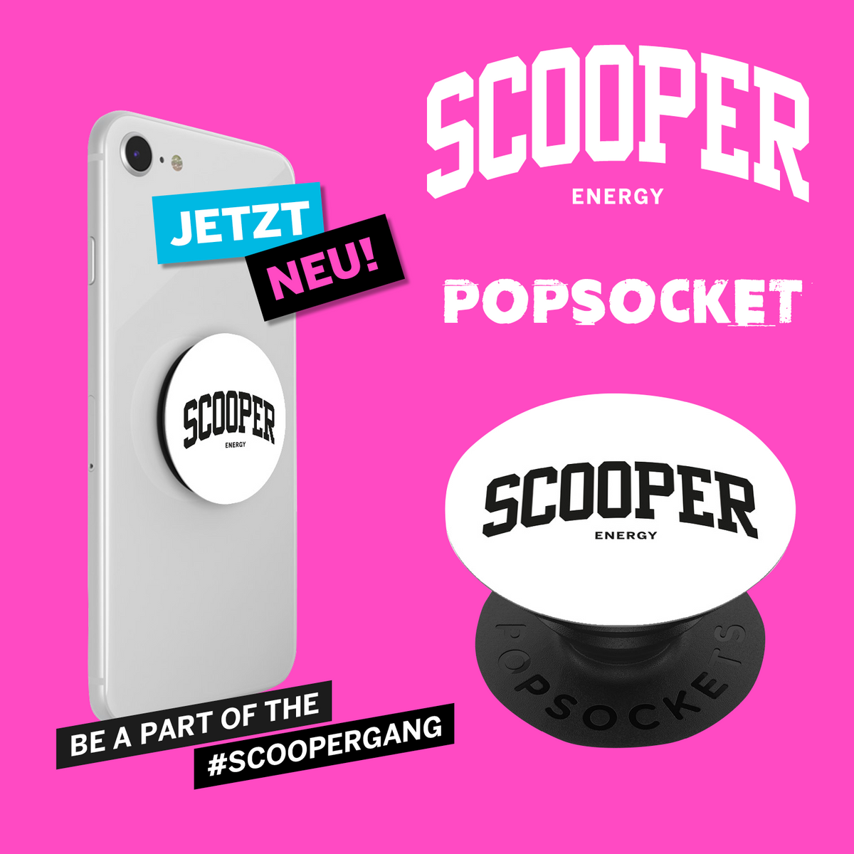 SCOOPER Energy Popsocket in weiß mit schwarzer SCOOPER Energy Schrift.