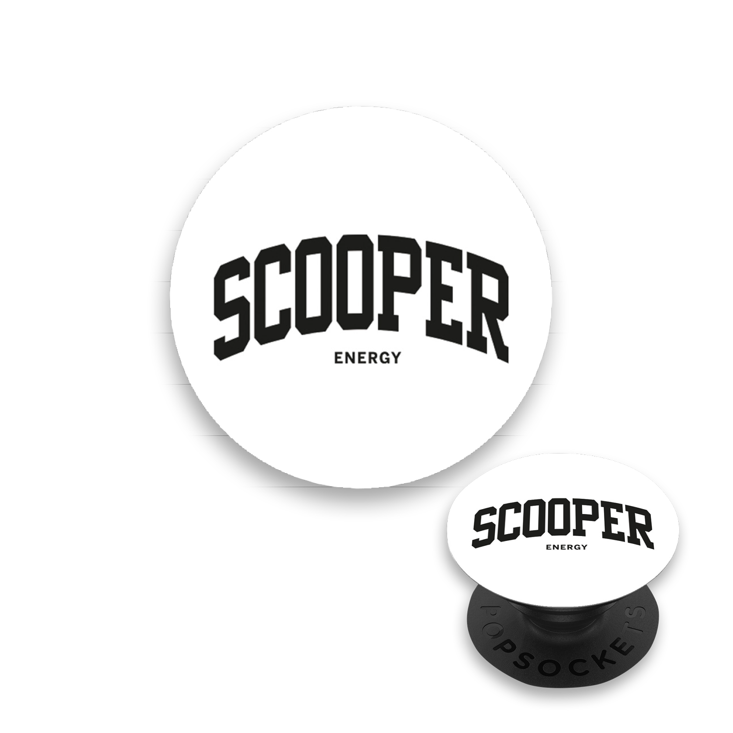 SCOOPER Energy Popsocket in weiß mit schwarzer SCOOPER Energy Schrift.