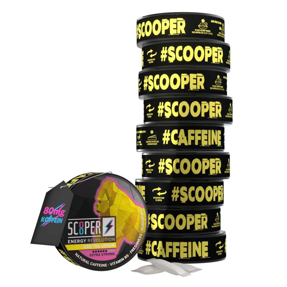 10 Dosen SCOOPER Energy Iced Tea Lemon mit einzelnen Energy Pouches und dem Vermerk 80mg Koffein.