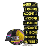 10 Dosen SCOOPER Energy Iced Tea Lemon mit einzelnen Energy Pouches und dem Vermerk 80mg Koffein.