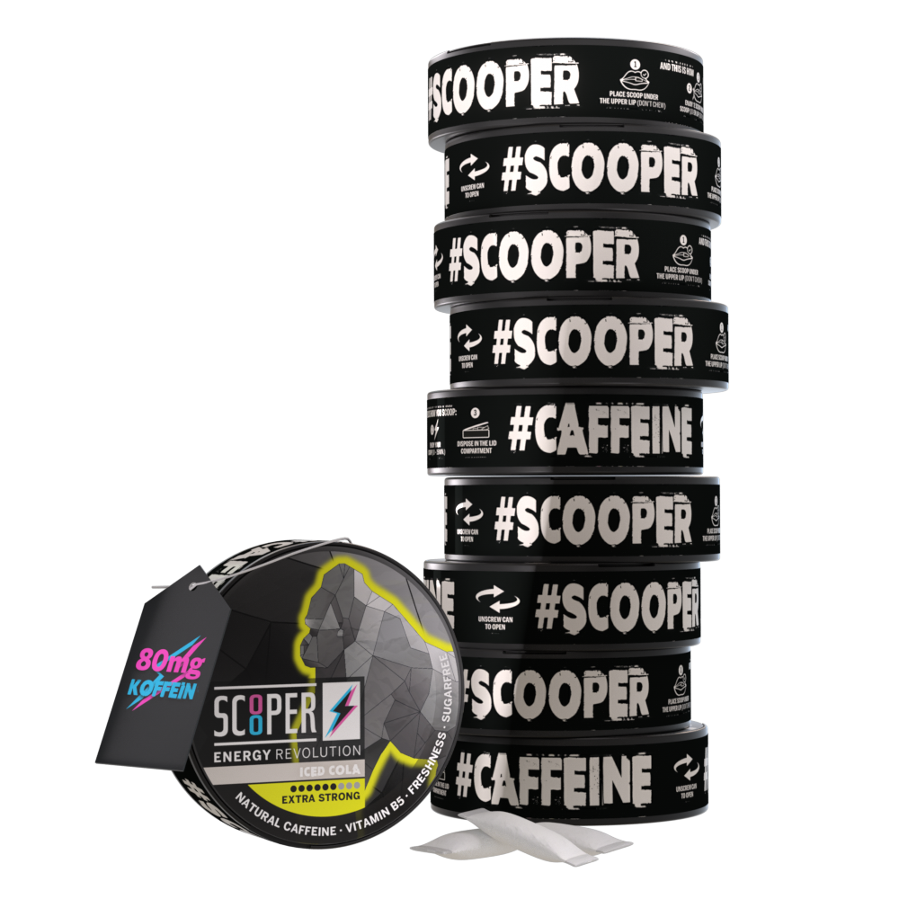 SCOOPER Energy 10 Dosen Iced Cola mit Energy Pouches und 80mg Koffein Anhänger.