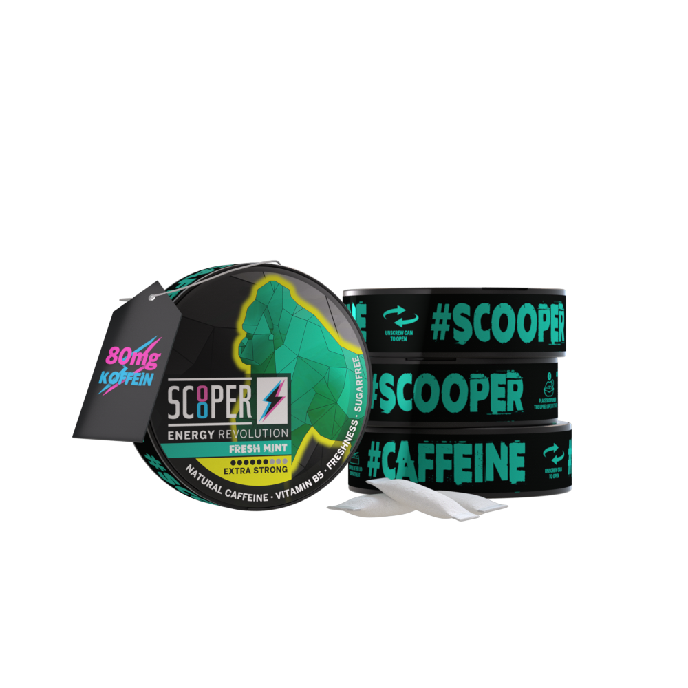 SCOOPER Energy Fresh Mint 4 Dosen mit 2 Pouches und einem 80mg Koffein Anhänger.