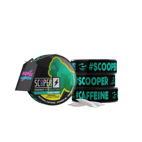 SCOOPER Energy Fresh Mint 4 Dosen mit 2 Pouches und einem 80mg Koffein Anhänger.