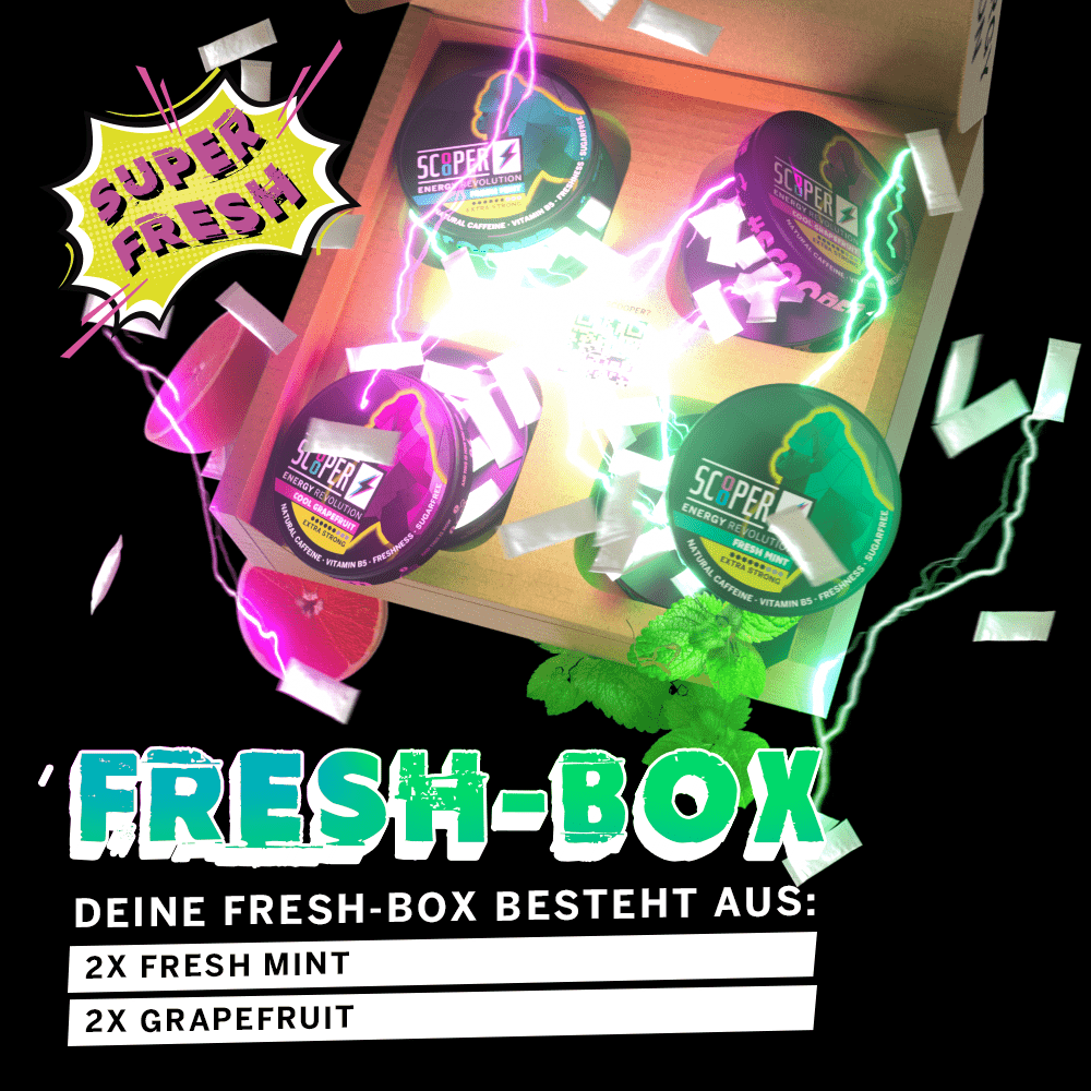 SCOOPER Energy Fresh Box mit je 2 Dosen Fresh Mint und 2 Dosen Cool Grapefruit. Man sieht Blitze, Pouches, Minzblätter und Grapefruits.